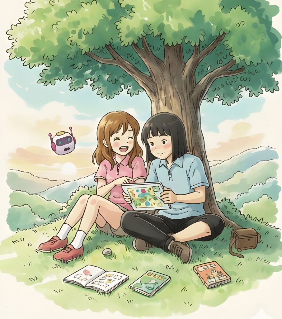 Two people under a tree with robot